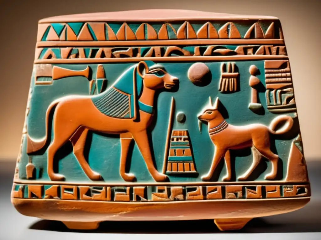 Una antigua joya del arte predinástico de Egipto, con tallados simbólicos y jeroglíficos detallados