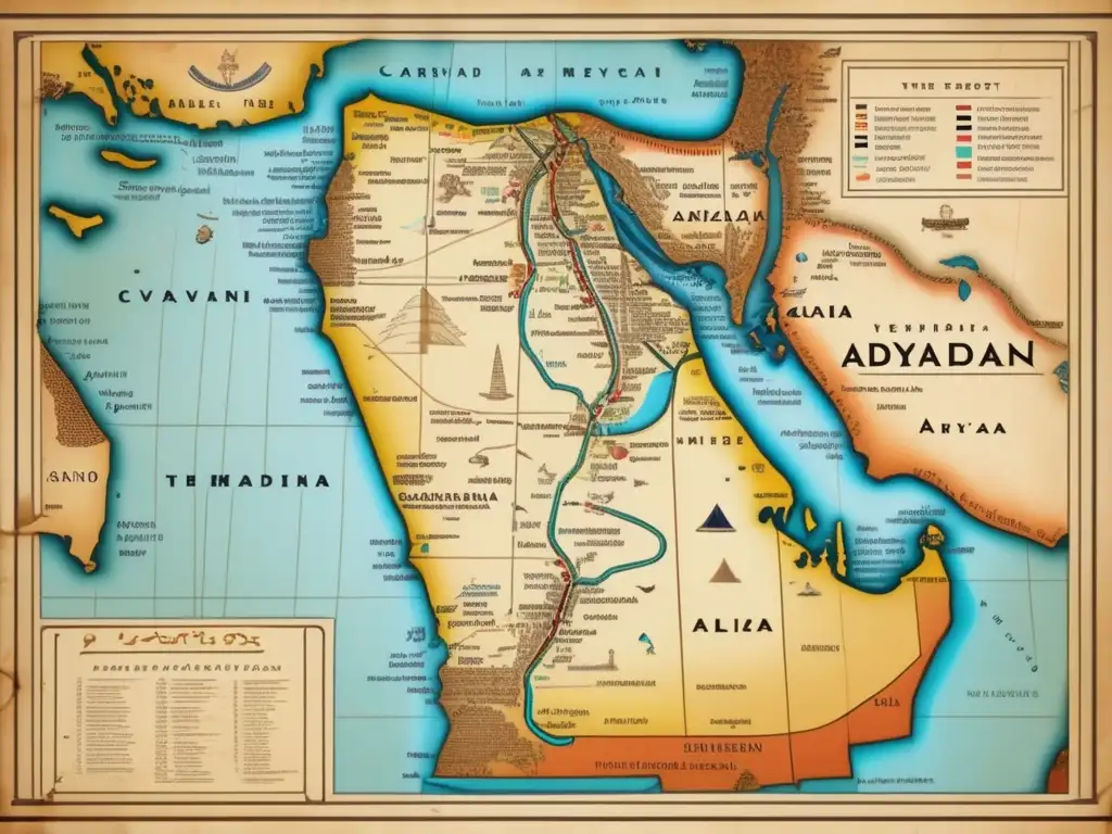 Antigua mapa detallado de las rutas comerciales egipcias, con ilustraciones de caravanas y lugares emblemáticos