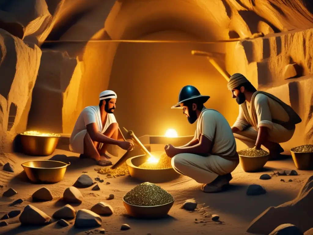 Antigua mina de oro egipcia con mineros trabajando en túneles oscuros, utilizando herramientas primitivas para la extracción de oro