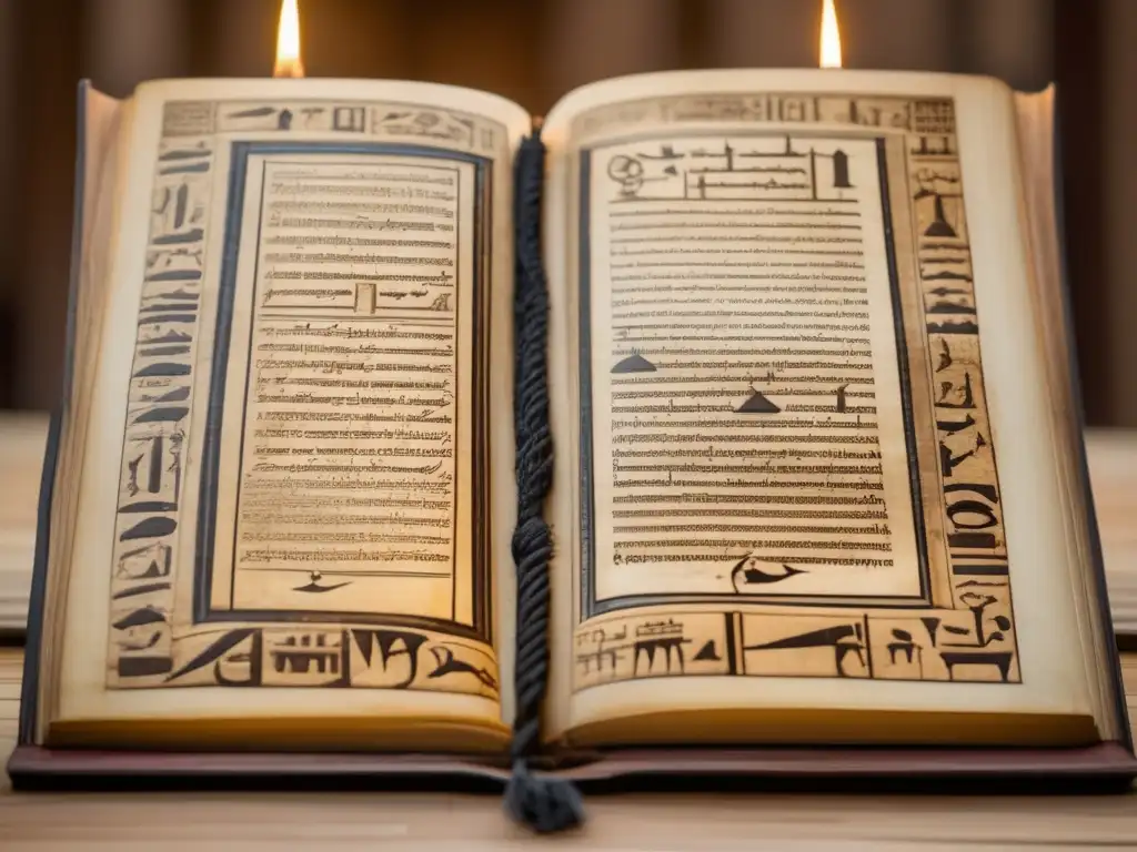 Una antigua obra copta en un atril de madera, iluminada por suave luz de velas