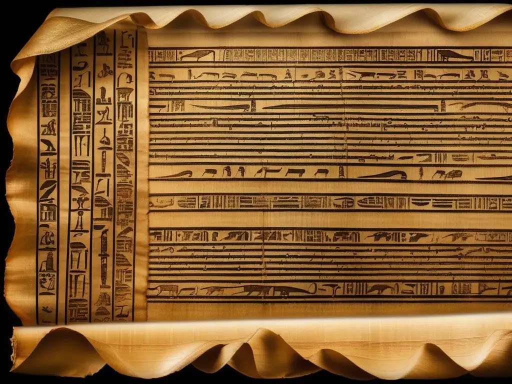 Antigua papiro desenrollado, revelando jeroglíficos intrincados