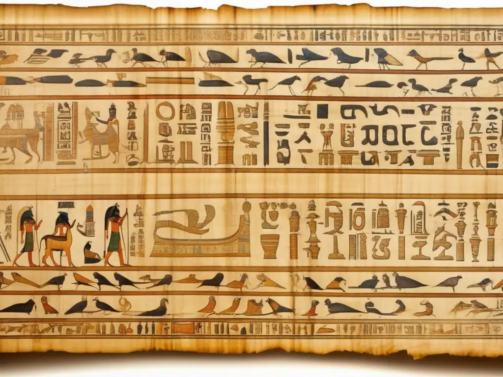 Una antigua papiro desgastado y amarillento muestra intrincados jeroglíficos y símbolos