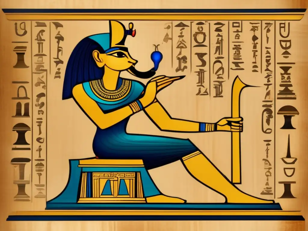 Una antigua papiro desplegado revela jeroglíficos intrincados del dios Thoth, asociado con sabiduría y profecías en la religión egipcia