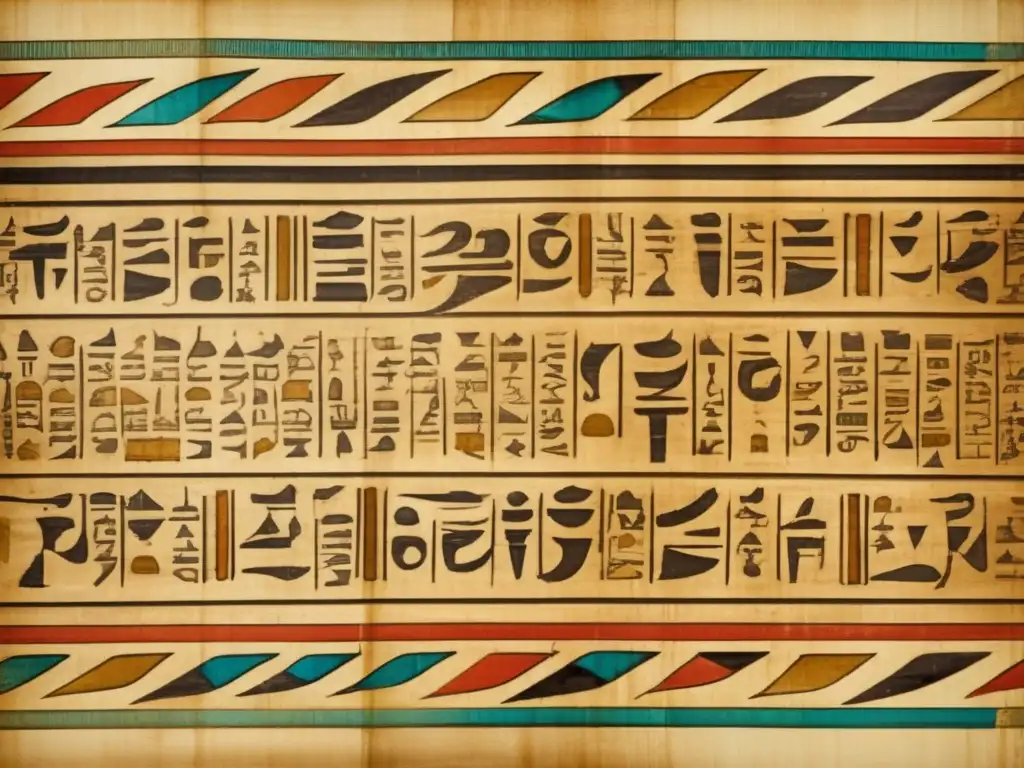Una antigua papiro detallada muestra la organización administrativa en el Antiguo Egipto, con jeroglíficos vibrantes y un aspecto envejecido