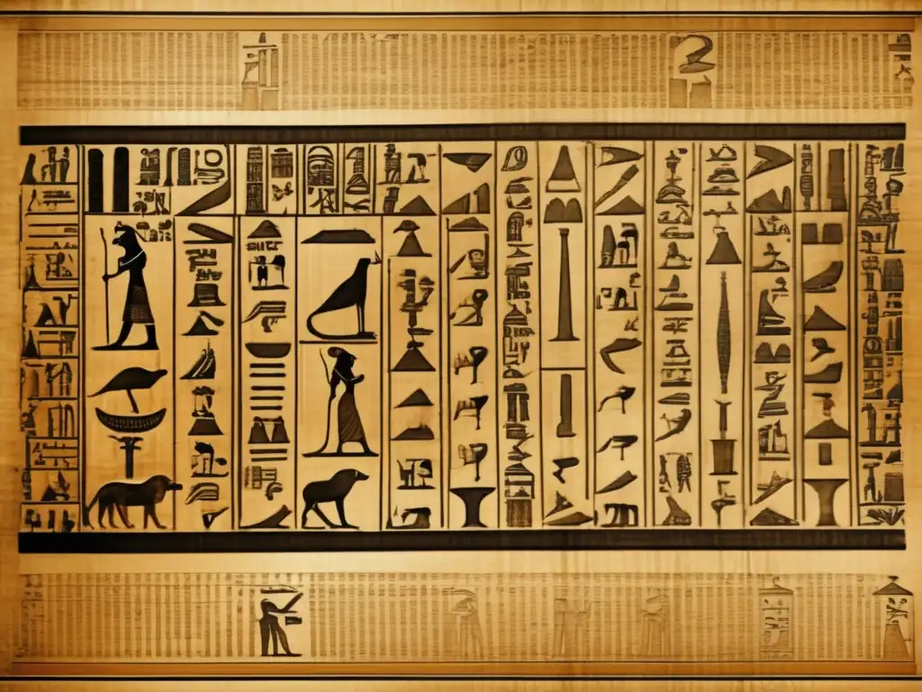 Una antigua papiro egipcio bien conservado, con inscripciones jeroglíficas detalladas y una reconstrucción fonética de la lengua egipcia