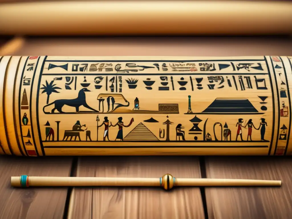 Pergamino egipcio vintage: Intrincados jeroglíficos y la influencia de Thot Una antigua papiro egipcio desenrollado en una mesa de madera, con intrincadas jeroglíficos que muestran la influencia de Thot en la medicina egipcia