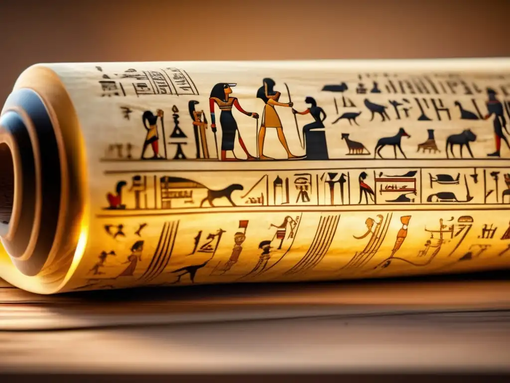 Una antigua papiro egipcio desgastado y amarillento reposa abierto sobre una mesa de madera