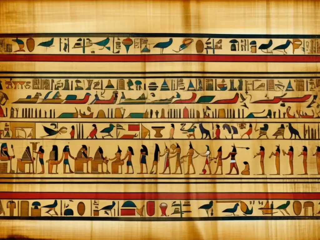 Una antigua papiro egipcio desplegado con cuidado, revelando símbolos jeroglíficos intrincados