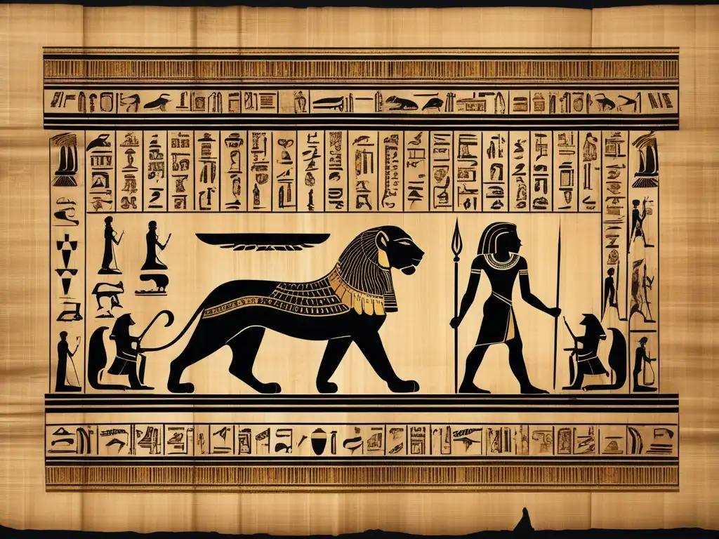 Antigua papiro egipcio desplegado en una mesa de madera, revelando jeroglíficos y la diosa Sekhmet rodeada de hierbas curativas