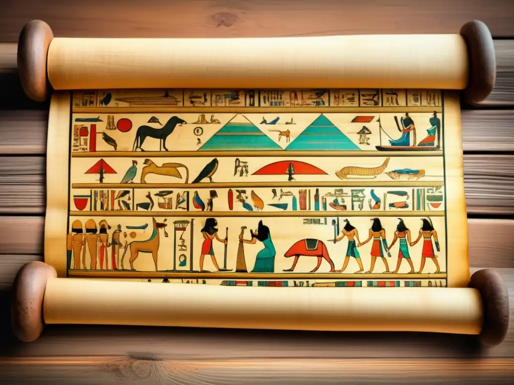 Una antigua papiro egipcio desplegado, con ilustraciones vibrantes y jeroglíficos detallados, muestra prácticas médicas del Imperio Medio