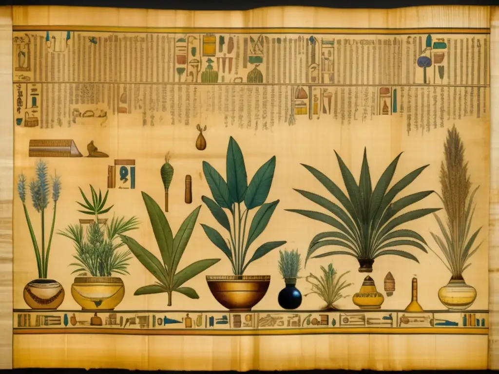 Una antigua papiro egipcio desplegado, amarillento por el tiempo, muestra detalladas ilustraciones de hierbas medicinales y pociones