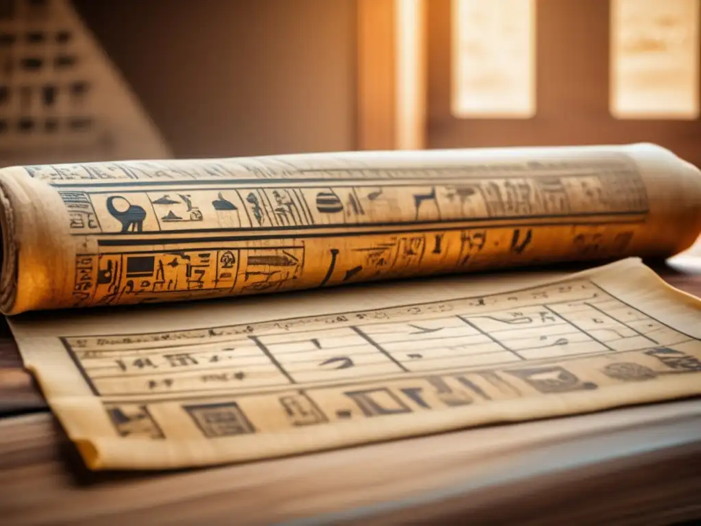 Una antigua papiro egipcio desplegado en una mesa de madera, muestra complejas jeroglíficos y ecuaciones matemáticas