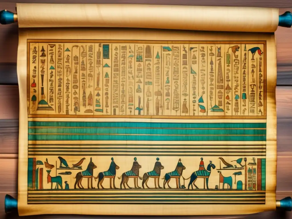 Una antigua papiro egipcio desplegado en una mesa de madera vintage, muestra la composición de las tintas en manuscritos egipcios
