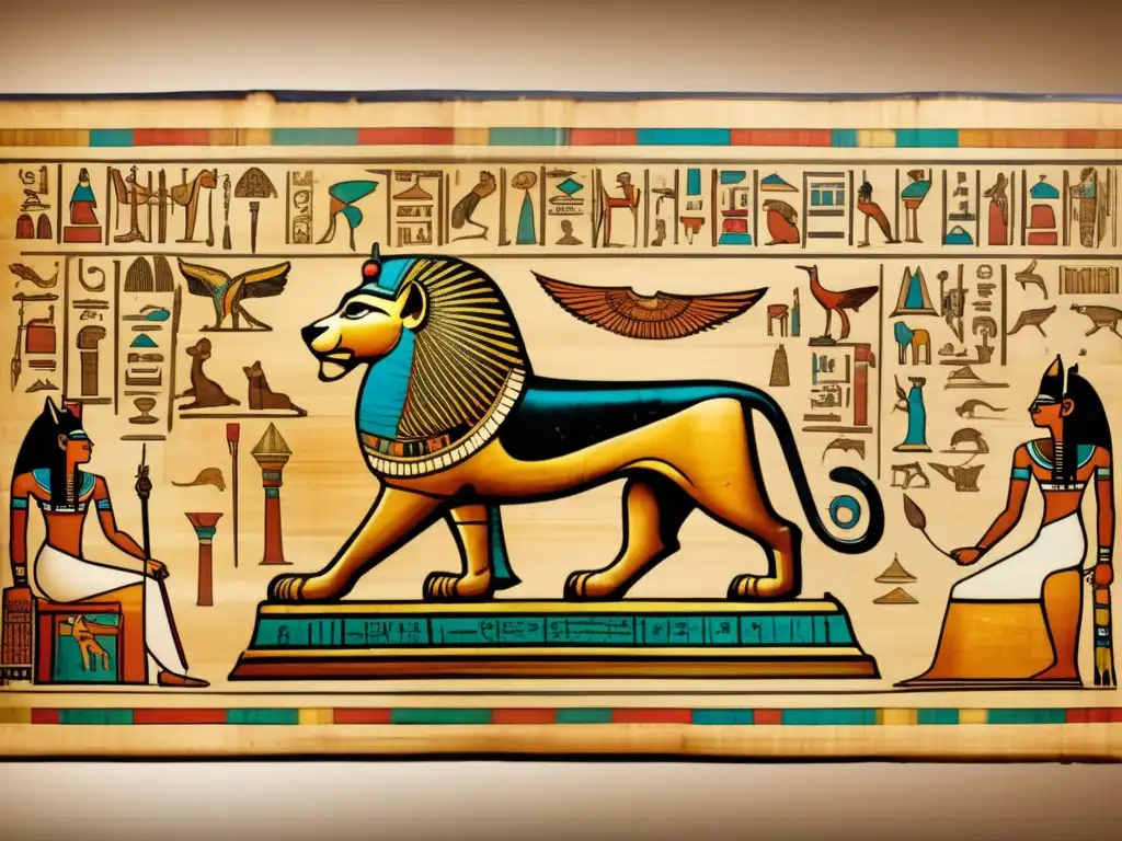 Una antigua papiro egipcio, envejecido y amarillento, se despliega sobre una mesa de madera