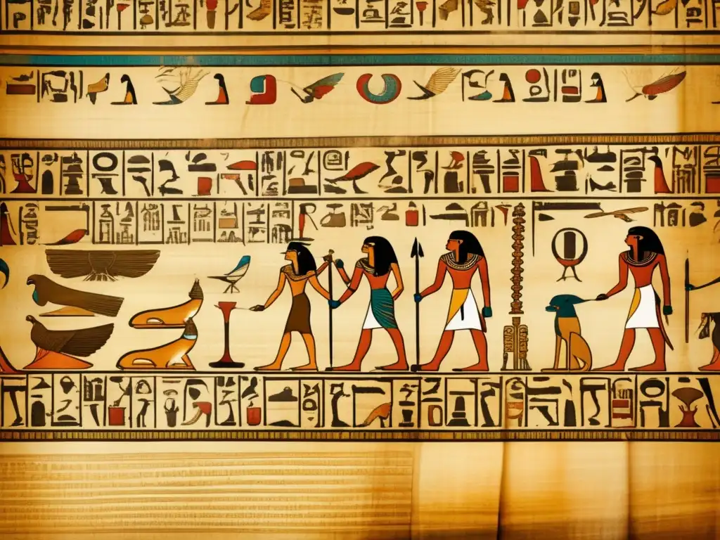 Antigua papiro egipcio con hieroglíficos y escritura demótica, muestra la transformación del lenguaje escrito egipcio