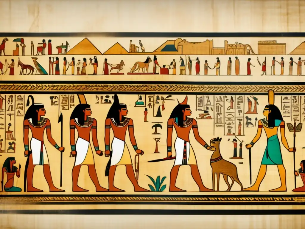 Una antigua papiro egipcio con inscripciones jeroglíficas, escenas administrativas y figuras burocráticas