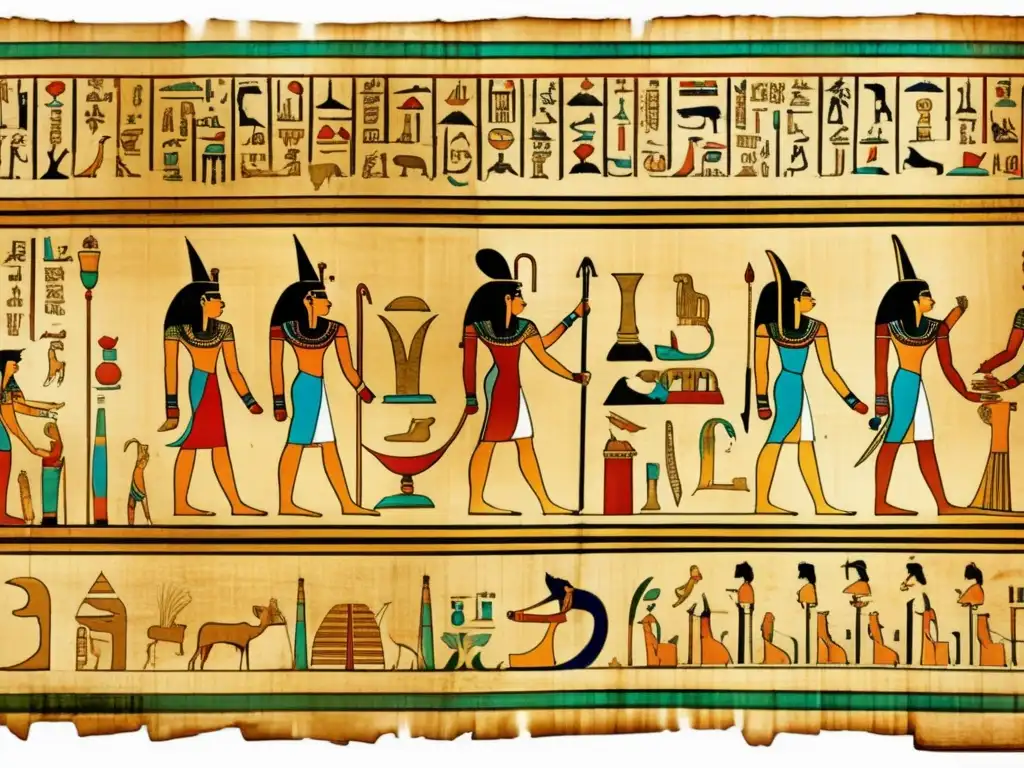 Una antigua papiro egipcio despliega jeroglíficos, revelando curiosidades del egipcio antiguo lengua con su atmósfera misteriosa