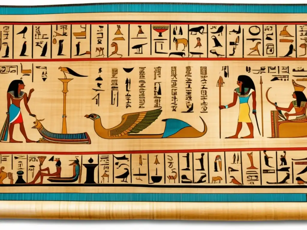Una antigua papiro egipcio se desenrolla, revelando jeroglíficos intrincados que representan la reconstrucción fonética de la lengua egipcia