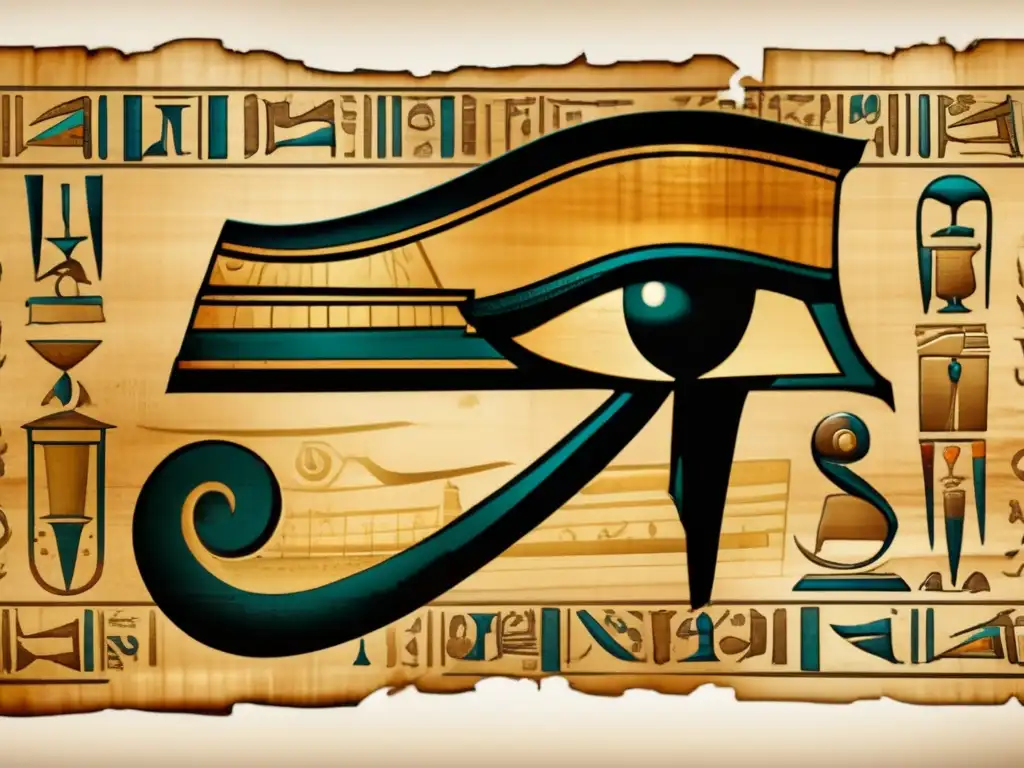 Una antigua papiro egipcio detalladamente ornamentado con el Ojo de Horus, símbolo de significado y uso en la cultura egipcia