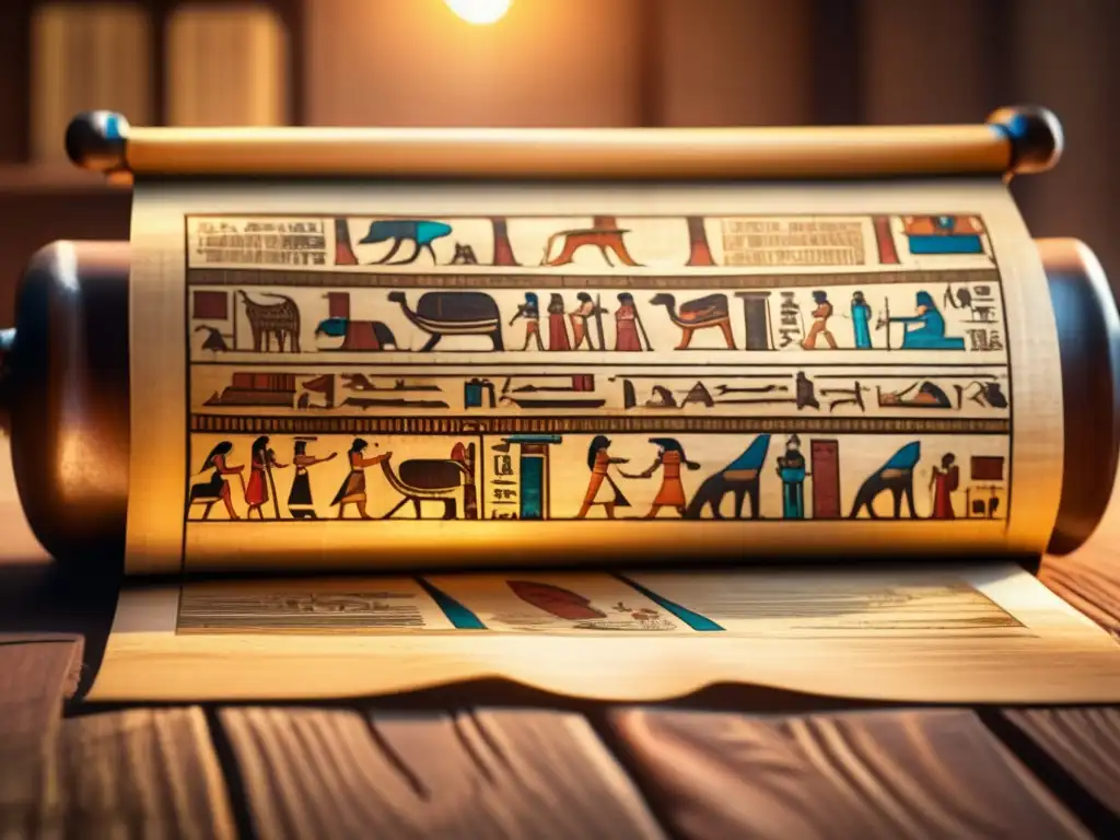 Una antigua papiro egipcio perfectamente preservado, con símbolos e ilustraciones intrincadas, reposa sobre un escritorio de madera vintage