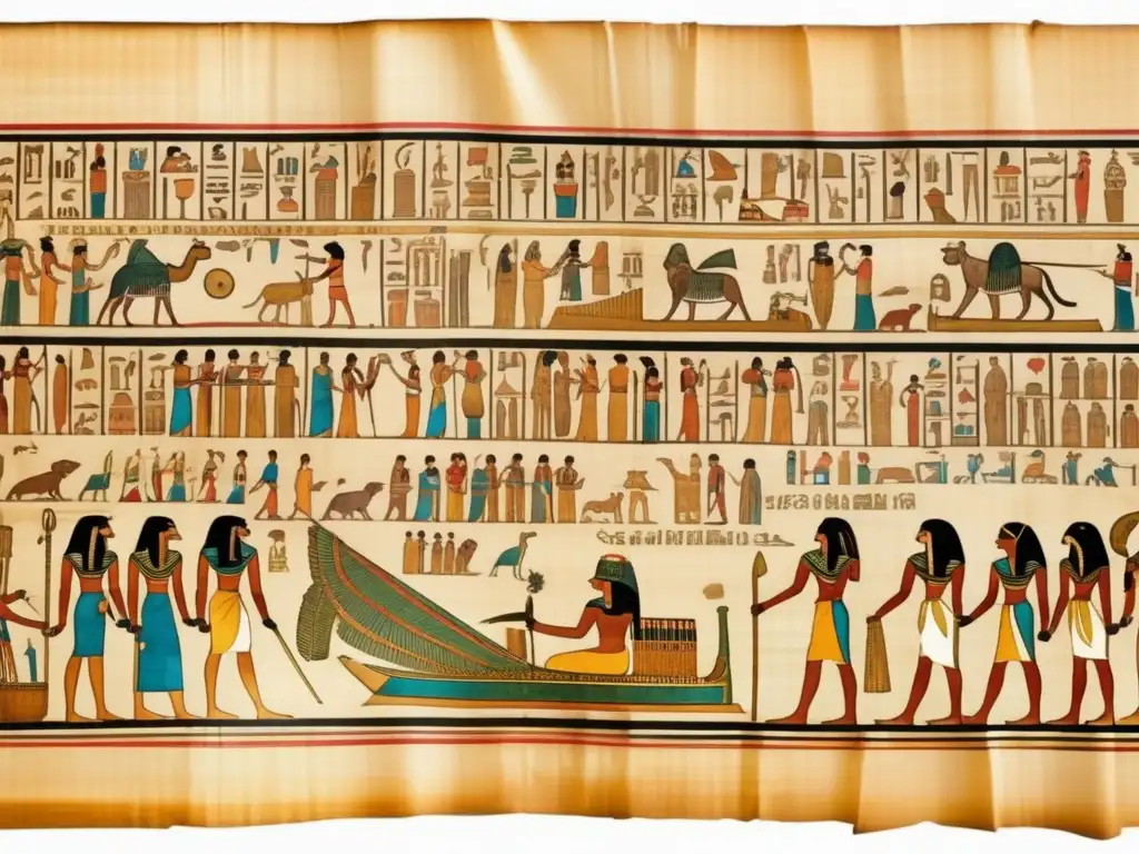 Una antigua papiro de Egipto del Segundo Periodo Intermedio, desplegado con meticulosos jeroglíficos e ilustraciones que muestran la vida cotidiana