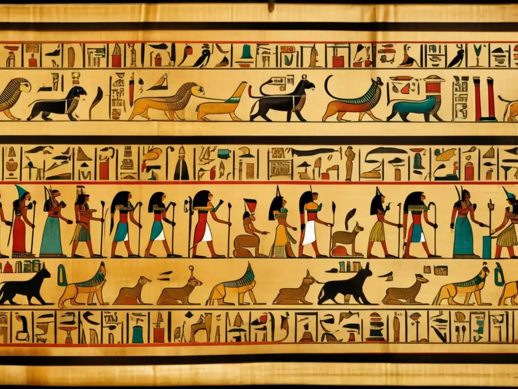 Una antigua papiroegipto con detalles y jeroglíficos, revelando las lenguas del Antiguo Egipto y su fascinante historia