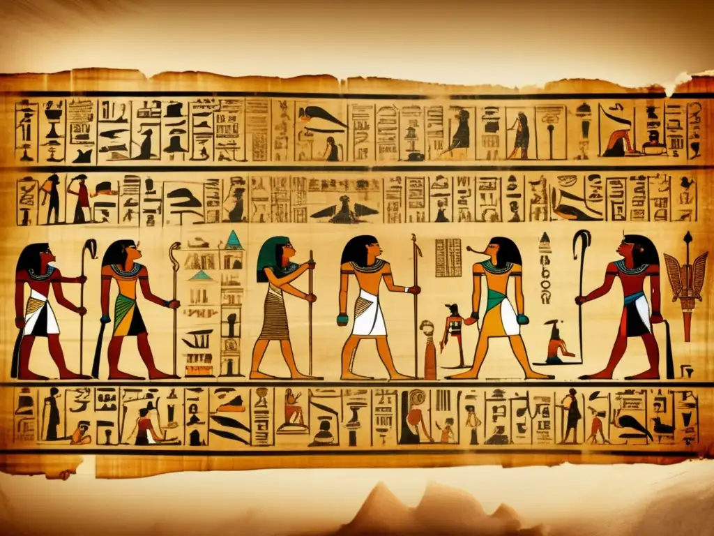 Una antigua pergamino egipcia detallada, con escrituras jeroglíficas y demóticas
