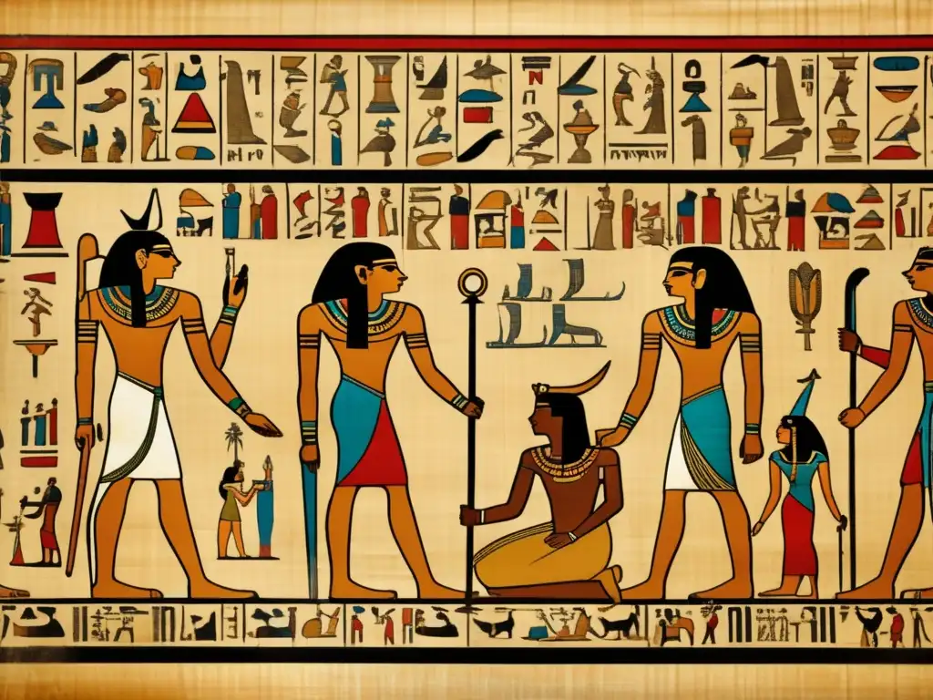 Legislación del Faraón: el impacto de las leyes en la sociedad egipcia Una antigua pergamino egipcia detalladamente ilustrada con jeroglíficos y escenas de la legislación del faraón en Egipto