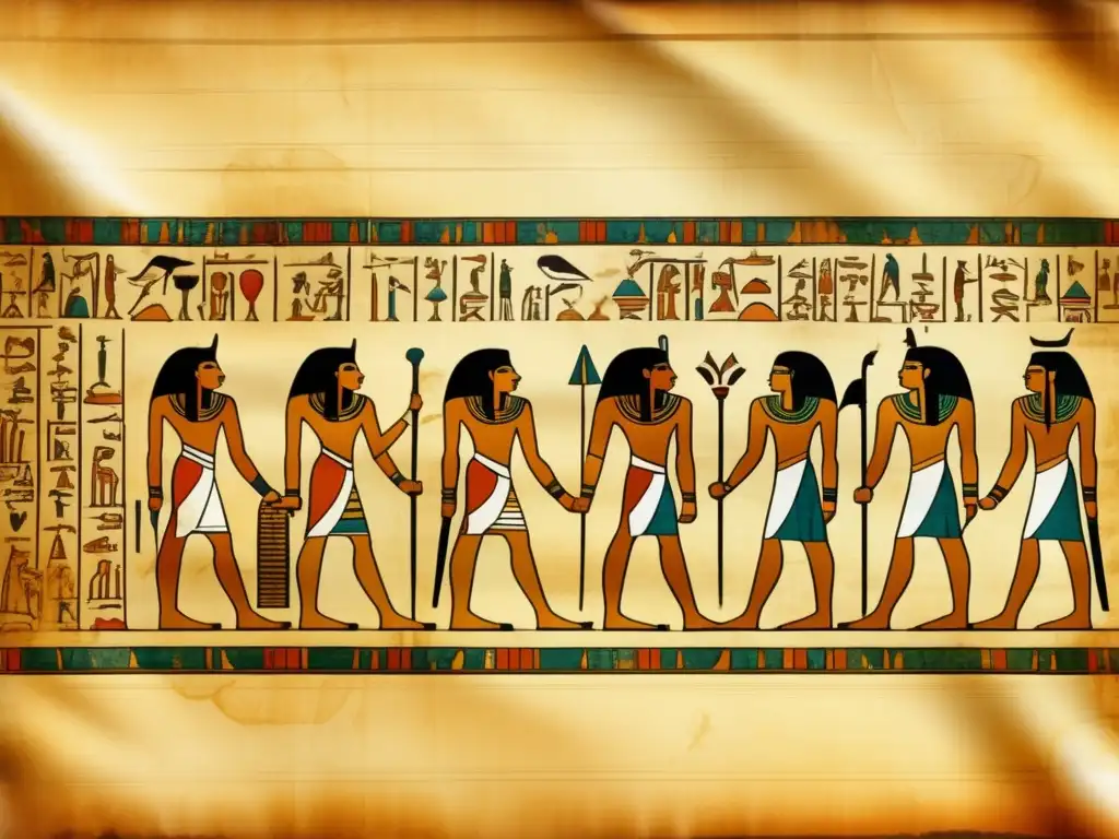 Antigua pergamino egipcio con jeroglíficos que representan negociaciones diplomáticas y discusiones políticas en la corte del faraón