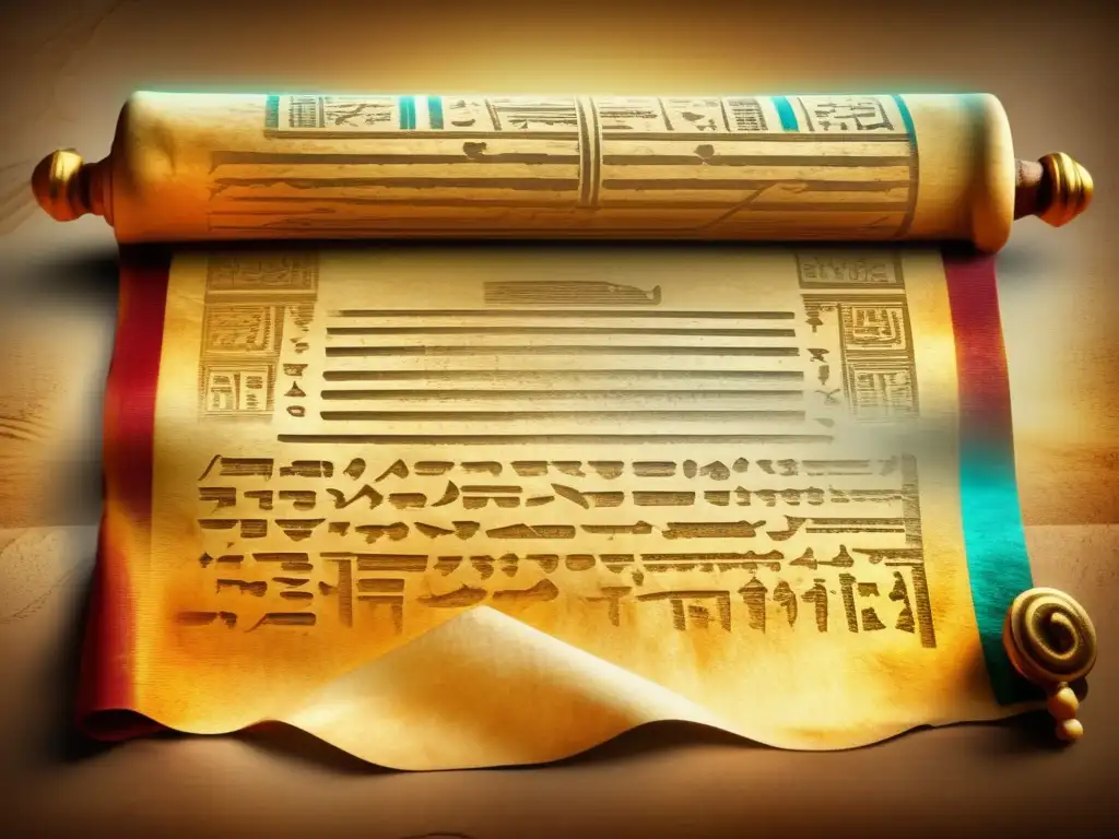Una antigua pergamino envejecida con el tiempo, desenrollándose parcialmente, revelando jeroglíficos intrincados
