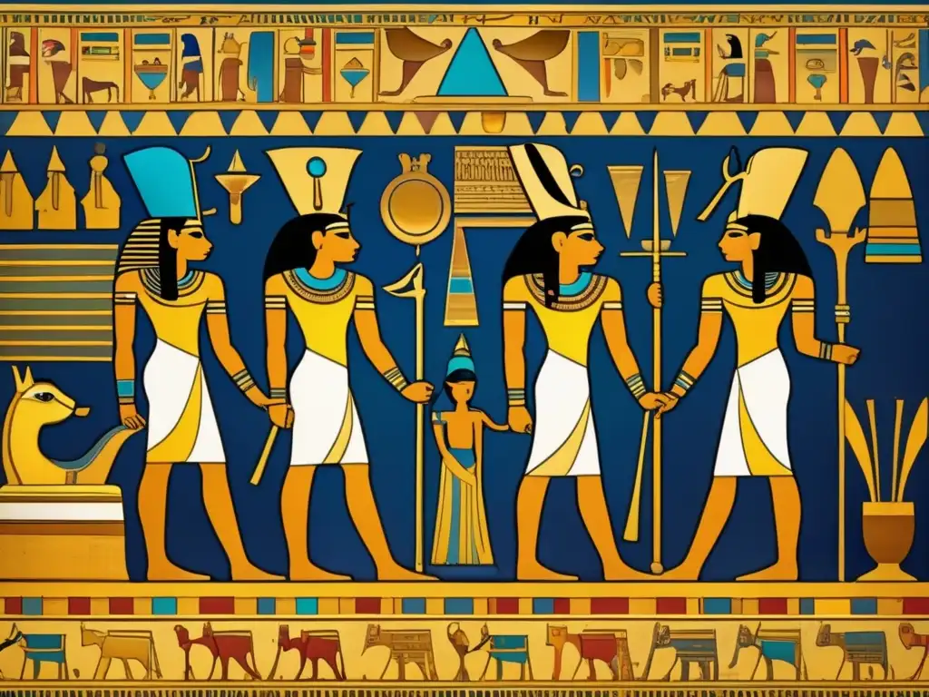 Una antigua pintura mural egipcia con colores vibrantes y diseños intrincados