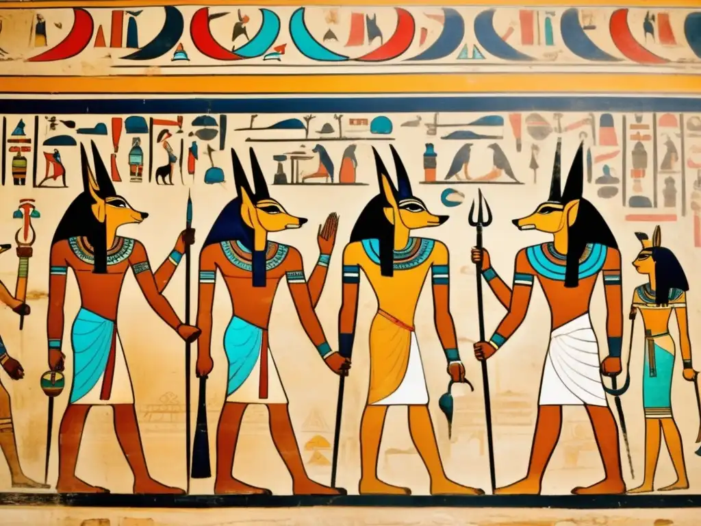 Antigua pintura mural de Egipto con Anubis y Osiris, revelando el significado jeroglífico de estos dioses