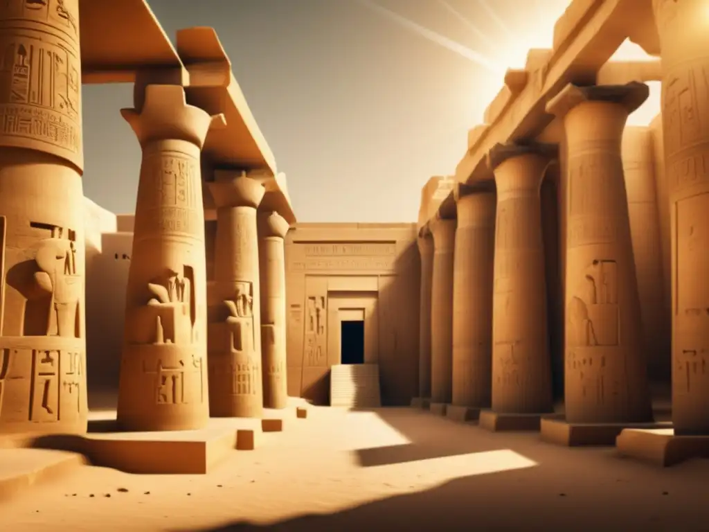 La antigua puerta del templo de Abydos, con intrincados jeroglíficos, evoca el misterio del Culto a Osiris en Abydos