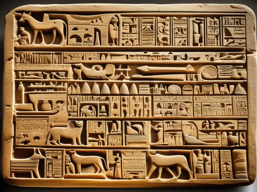 Una antigua tabla de jeroglíficos egipcios, con intrincados grabados y símbolos, muestra la elaboración de recetas tradicionales del Antiguo Egipto