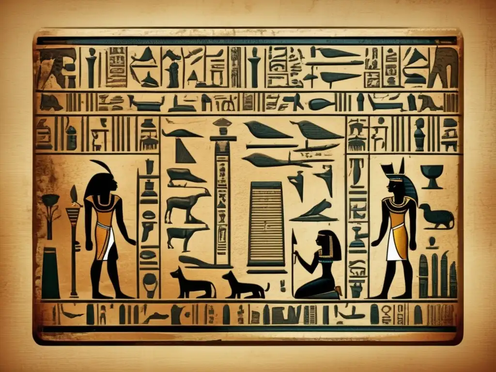 Una antigua tabla de piedra egipcia cubierta de intrincados jeroglíficos