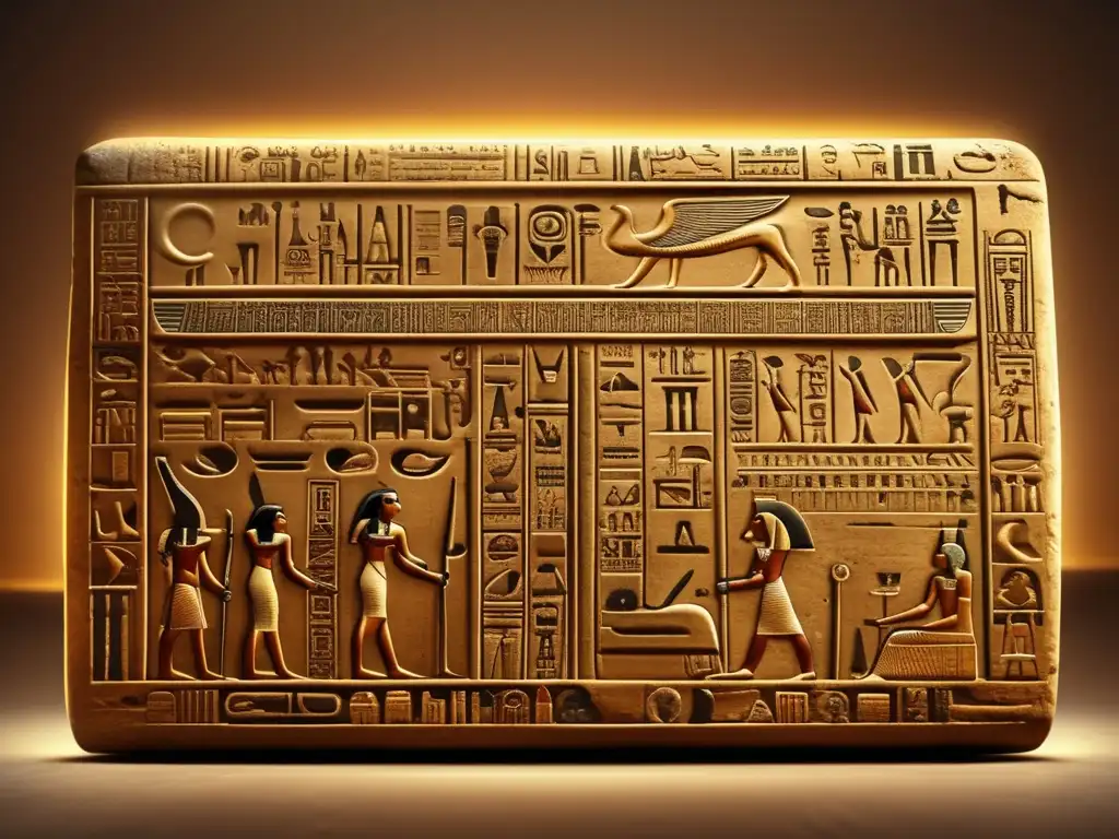 Una antigua tableta egipcia cubierta de jeroglíficos intrincados, iluminada por una suave luz cálida