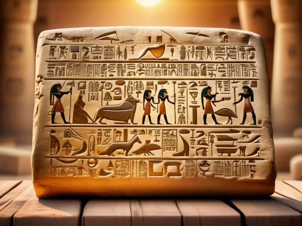 Una antigua tableta egipcia de piedra, cubierta de intrincados jeroglíficos, iluminada por una suave luz dorada