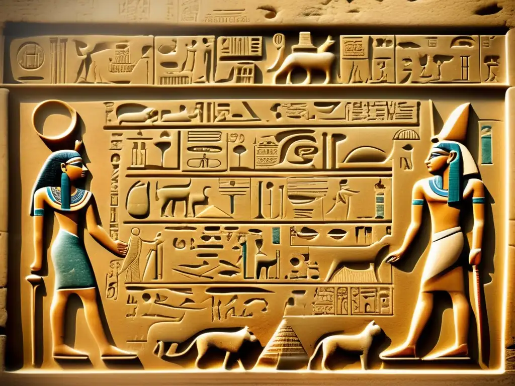 Antigua tableta egipcia de piedra con jeroglíficos detallados que relatan la importancia de minerales y metales en la curación egipcia