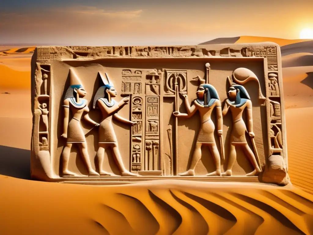 Una antigua tableta de piedra, cubierta de intrincados grabados de dioses egipcios, emerge del desierto arenoso