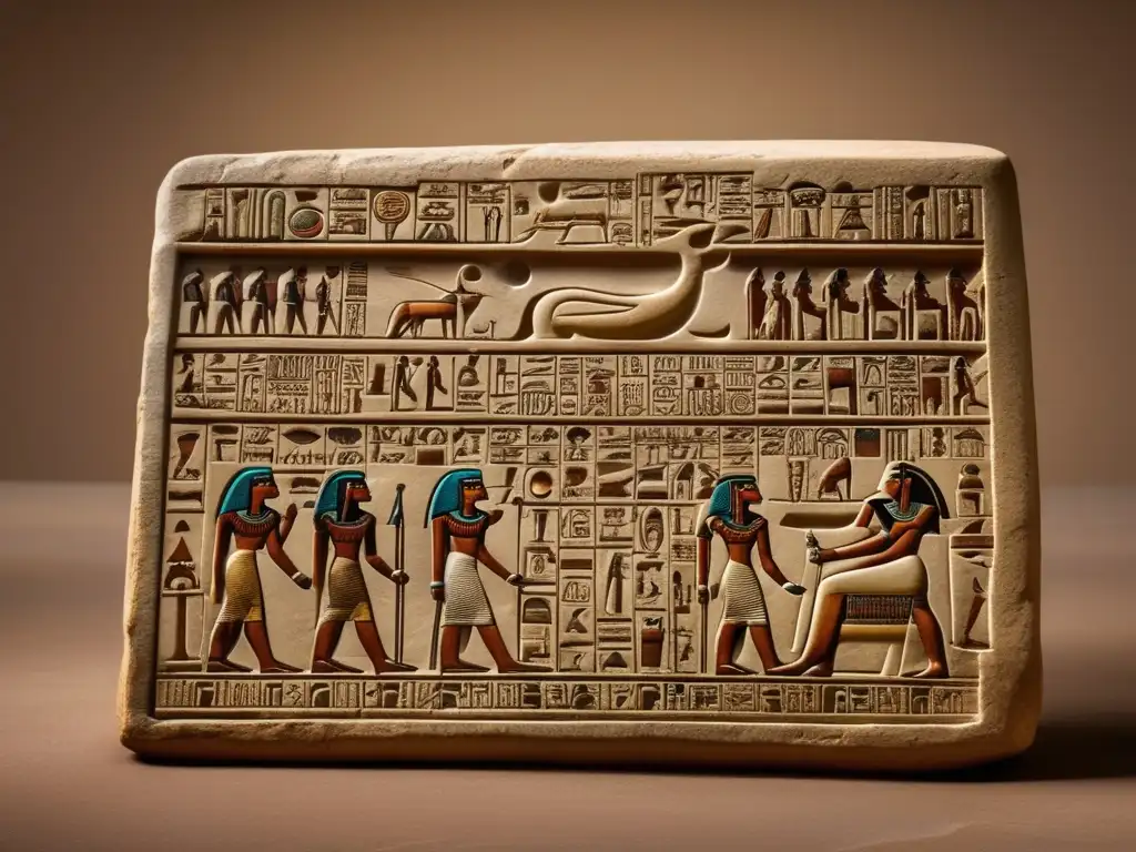 Una antigua tableta de piedra con intrincados jeroglíficos egipcios tallados se exhibe sobre un fondo neutro