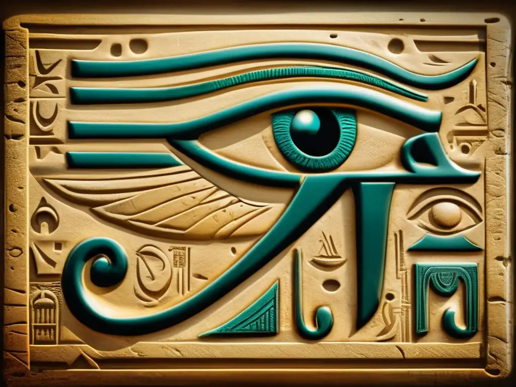 Una antigua tablilla egipcia de jeroglíficos con el Ojo de Horus tallado en piedra