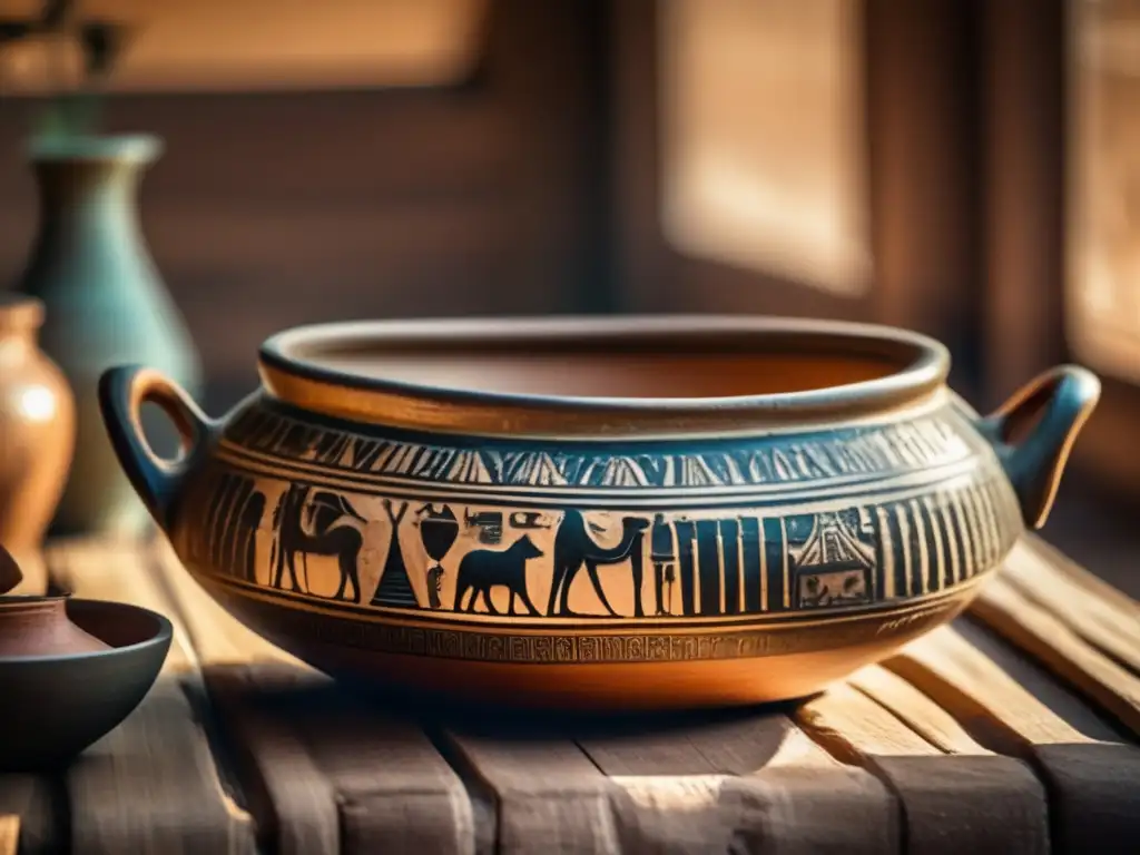 Una antigua vasija cerámica egipcia, decorada con intrincados jeroglíficos, reposa sobre una mesa de madera envejecida