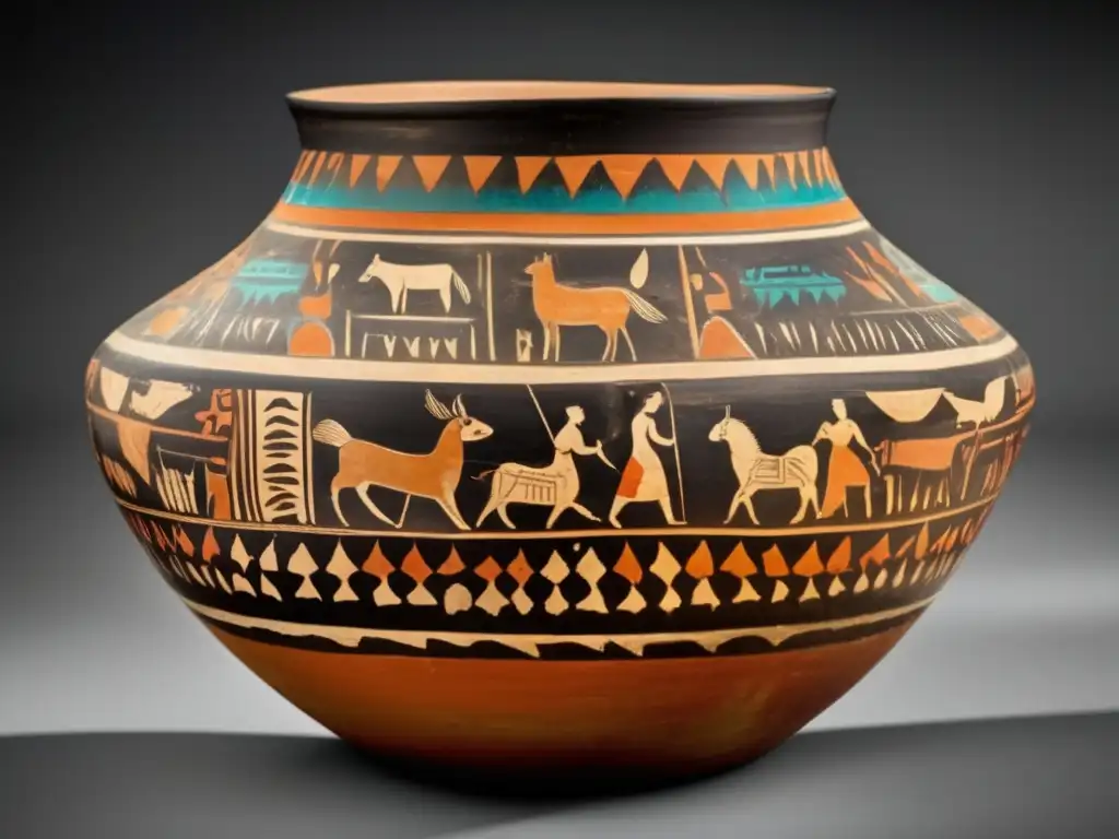 Una antigua vasija de cerámica de Naqada, con diseños y patrones pintados a mano, colores vibrantes y un encanto vintage