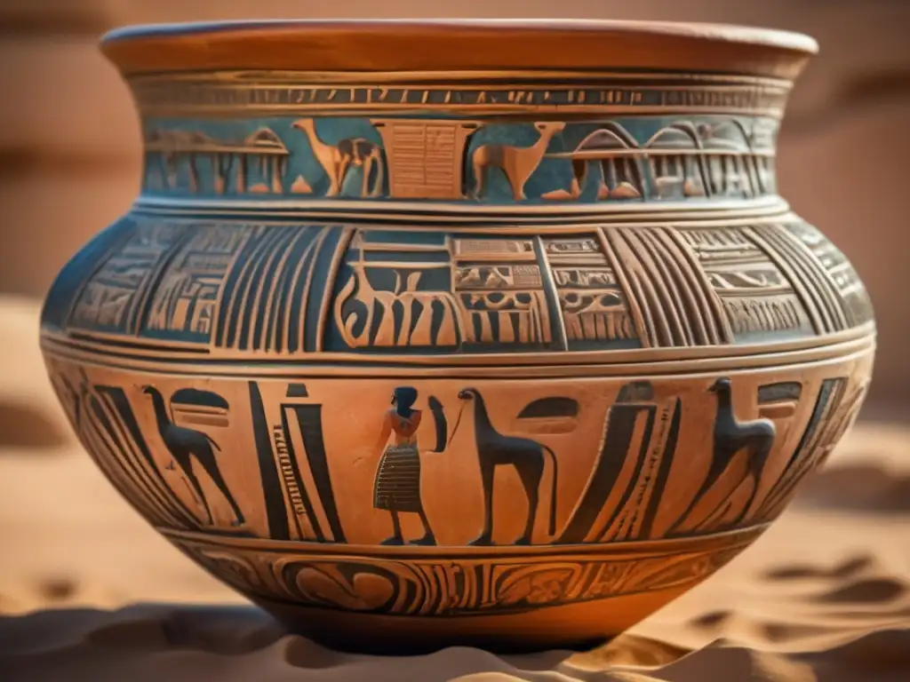 Antigua vasija egipcia de terracota, con detallado diseño ornamental