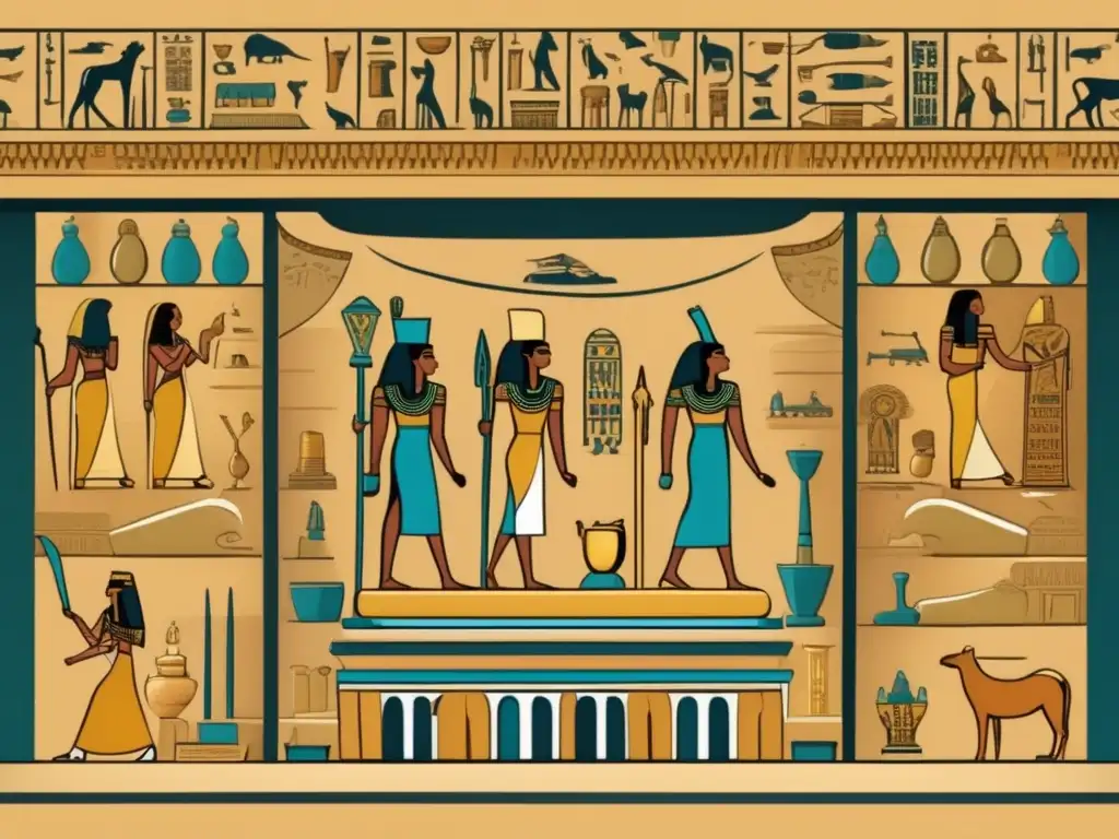 Un antiguo y hermosamente adornado túmulo egipcio, con jeroglíficos ornamentados que cubren las paredes