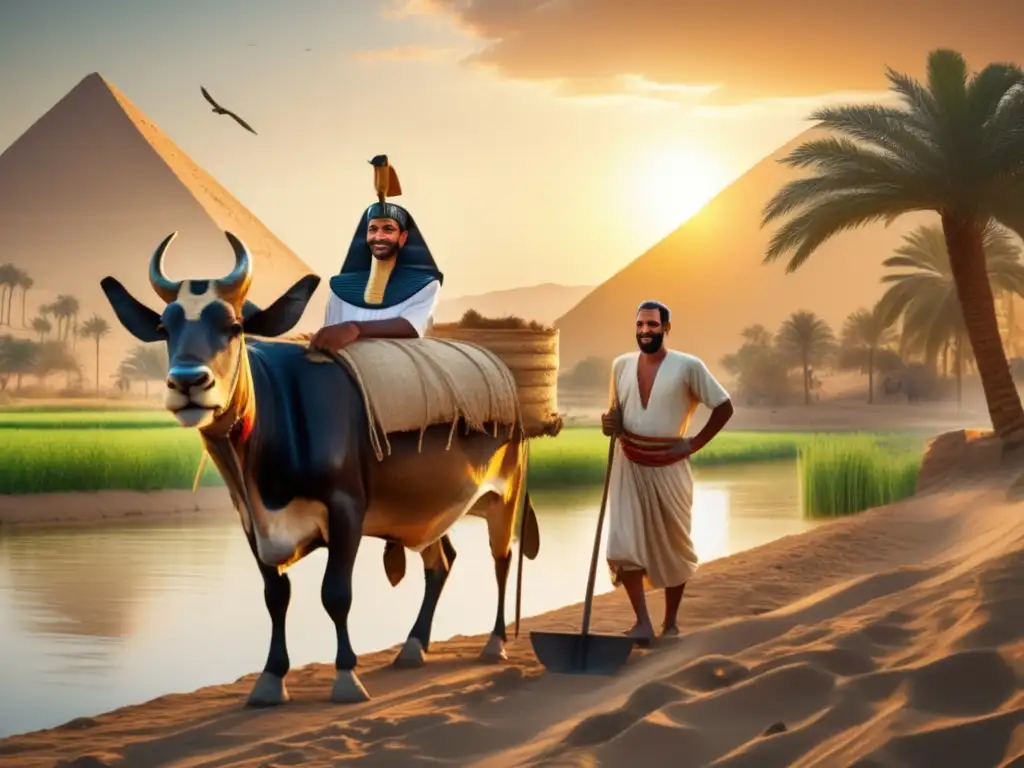 Un antiguo agricultor egipcio se para en un campo verde exuberante a lo largo de las orillas del río Nilo