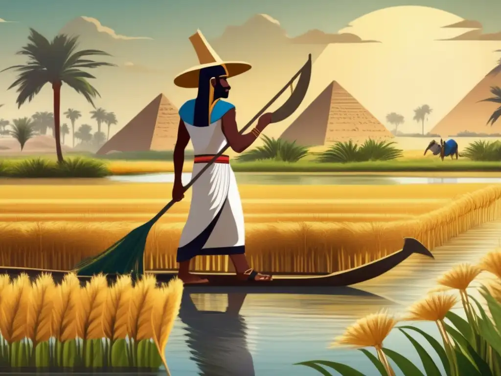 Un antiguo agricultor egipcio cuida sus cultivos en un campo exuberante a lo largo del río Nilo
