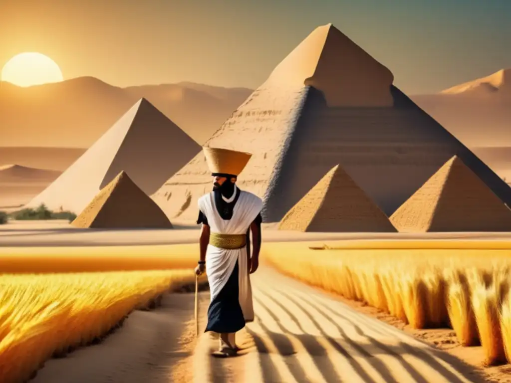 Un antiguo agricultor egipcio cuida de sus cultivos en el árido desierto, mostrando las adaptaciones agrícolas en desierto egipcio