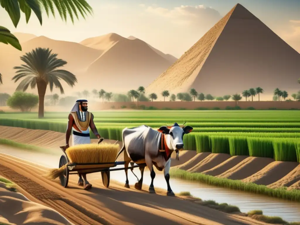 Un antiguo agricultor egipcio en el fértil valle del Nilo, cultivando sus tierras con un arado de madera tirado por bueyes