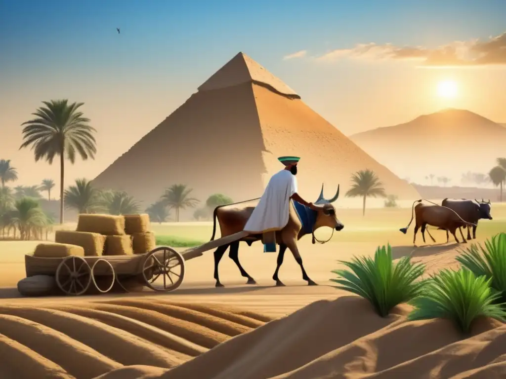 Un antiguo agricultor egipcio trabaja en los fértiles campos del valle del Nilo, legado agrícola egipcio influencias modernas
